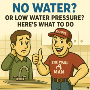 "The Pump Man" cartoon man with a red "Kappus" hat, and a red shirt that reads in white "The Pump Man" followed by a white faucet, and "Kappus". The cartoon man is giving a thumbs up to a distressed customer who has no water.