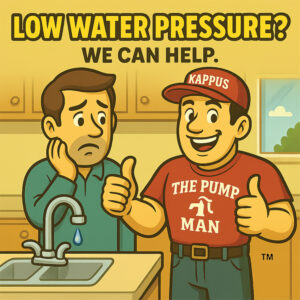 "The Pump Man" cartoon man with a red "Kappus" hat, and a red shirt that reads in white "The Pump Man" followed by a white faucet, and "Kappus". The cartoon man is giving a double thumbs up, reassuring a distressed-looking customer that he can help with his low water pressure.