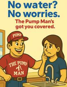 "The Pump Man" cartoon man with a red "Kappus" hat, and a red shirt that reads in white "The Pump Man" followed by a white faucet, and "Kappus". The cartoon man is reassuring a distressed customer that he can help with her problem of having no water.