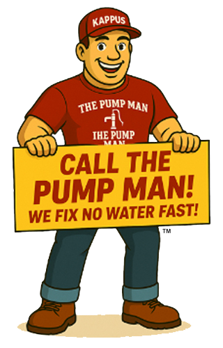 Kappus Well Pump & Water System Services "The Pump Man" holds a sign that says "Call the Pump Man! We Fix No Water Fast!"