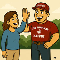 "The Pump Man" cartoon man with a red "Kappus" hat, and a red shirt that reads in white "The Pump Man" followed by a white faucet, and "Kappus". The cartoon man is is giving a happy customer a high five.