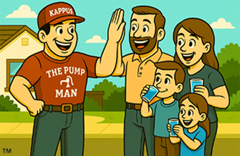 Kappus Well Pump & Water System Services "The Pump Man" stands with a happy family of four and the father gives The Pump Man a high five