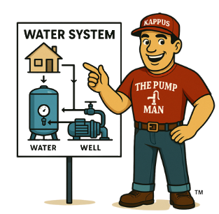 Kappus Well Pump & Water System Services "The Pump Man" showing a sign demonstrating how a house, water tank, and well system work together in a constant pressure system