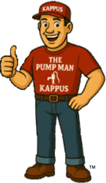"The Pump Man" cartoon man with a red "Kappus" hat, and a red shirt that reads in white "The Pump Man" followed by a white faucet, and "Kappus". The cartoon man is giving a thumbs up.