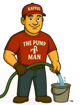 "The Pump Man" cartoon man with a red "Kappus" hat, and a red shirt that reads in white "The Pump Man" followed by a white faucet. The cartoon man is holding a hose flowing with water into a small green bucket.