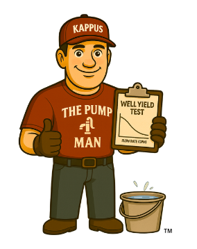 "The Pump Man" cartoon man with a red "Kappus" hat, and a red shirt that reads in white "The Pump Man" followed by a white faucet. The cartoon man is giving a thumbs up.